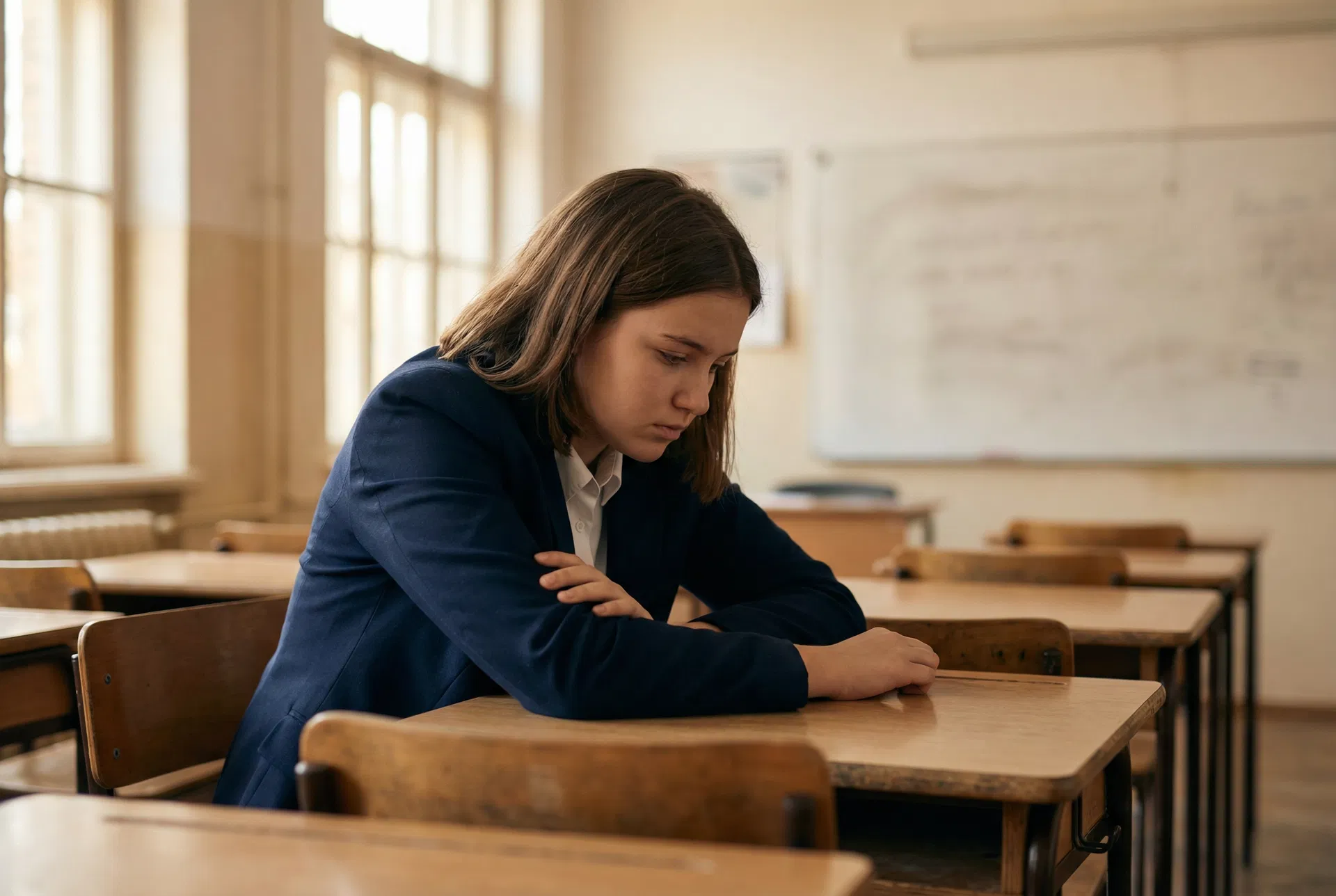A teenager in school uniform, the locked library metaphor
